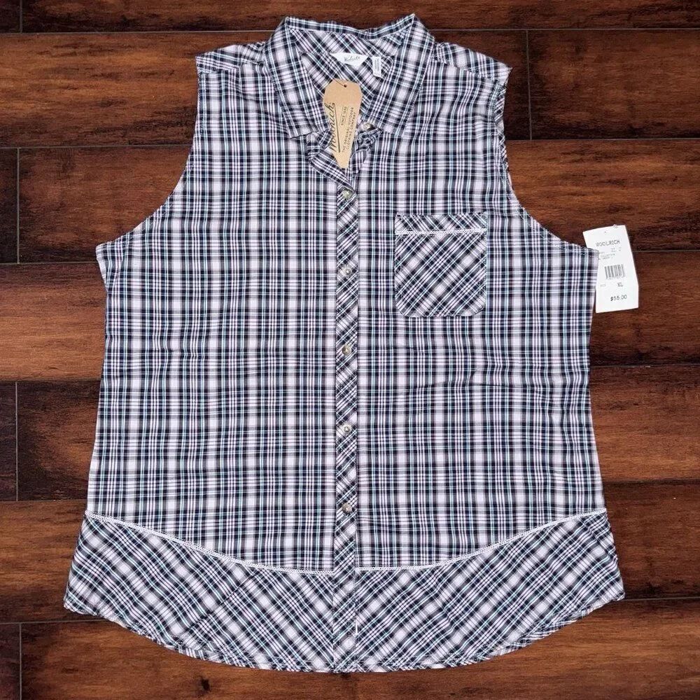NWT Woolrich Collared Button Purple Plaid Sleeveless Stretch Western Blouse XL